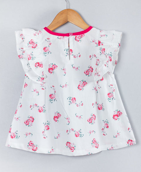 Soft rose print top with contrast neck binding-White