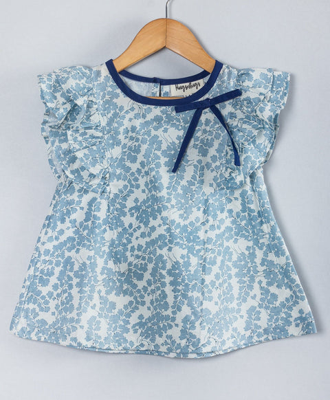 Floral top with contrast navy neck binding-Soft Blue