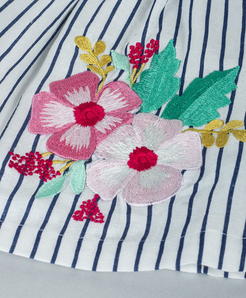 Stripe print top with multi colour floral embroidery at yoke n flounce end-White/Black