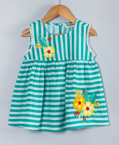 Stripe print top with yellow flower embroidery done at yoke n flounce end-Green