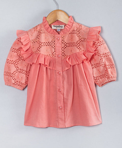 Solid poplin top with Shiffli embroidery yoke inserts-Coral