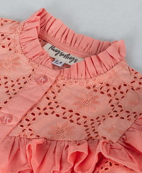 Solid poplin top with Shiffli embroidery yoke inserts-Coral