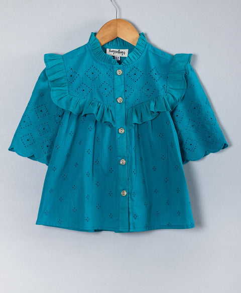 Real small eyelet top with schiffly yoke inserts-Turq Blue
