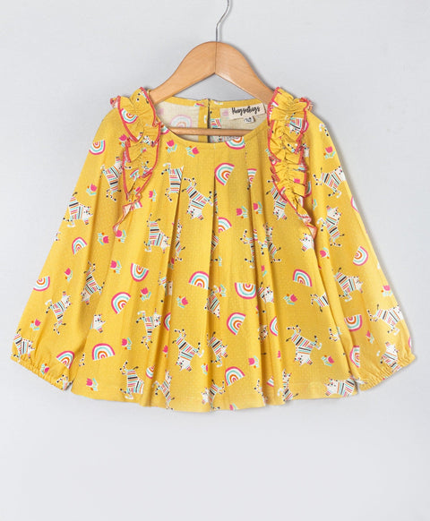 Pre-Order: Unicorn n rainbow print full Sleeves top with frill along armhole-Mustard
