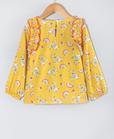 Pre-Order: Unicorn n rainbow print full Sleeves top with frill along armhole-Mustard