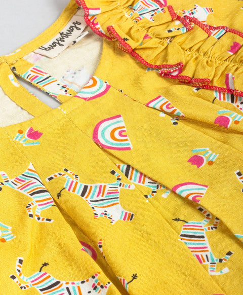 Pre-Order: Unicorn n rainbow print full Sleeves top with frill along armhole-Mustard