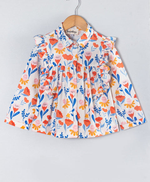 Pre-Order: Floral print full sleeves front button down top-Multi Colour