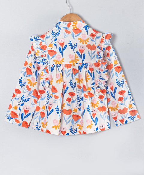 Pre-Order: Floral print full sleeves front button down top-Multi Colour