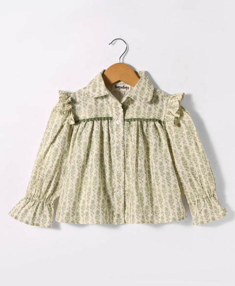 Pre-Order: All over green floral print full sleeves top with Peter Pan collars n green lace at yoke seam-Green