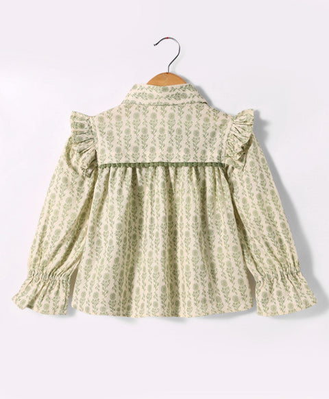 Pre-Order: All over green floral print full sleeves top with Peter Pan collars n green lace at yoke seam-Green