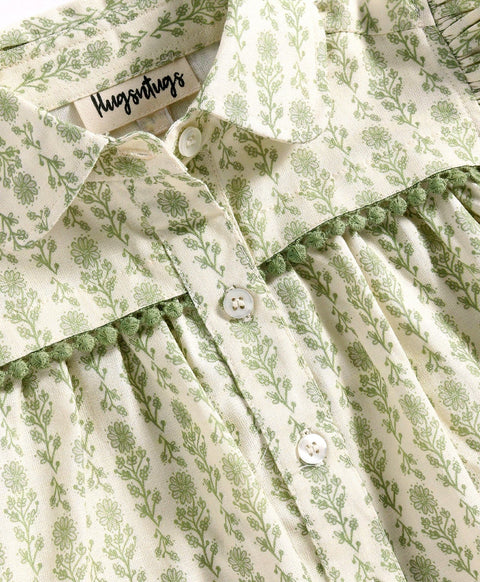Pre-Order: All over green floral print full sleeves top with Peter Pan collars n green lace at yoke seam-Green
