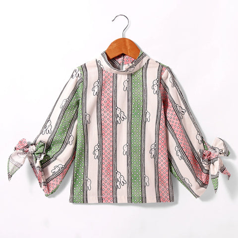 Pre-Order: Stripe & bunny print full Sleeves top with high neck & tie up at sleeve ends-Multi Colour