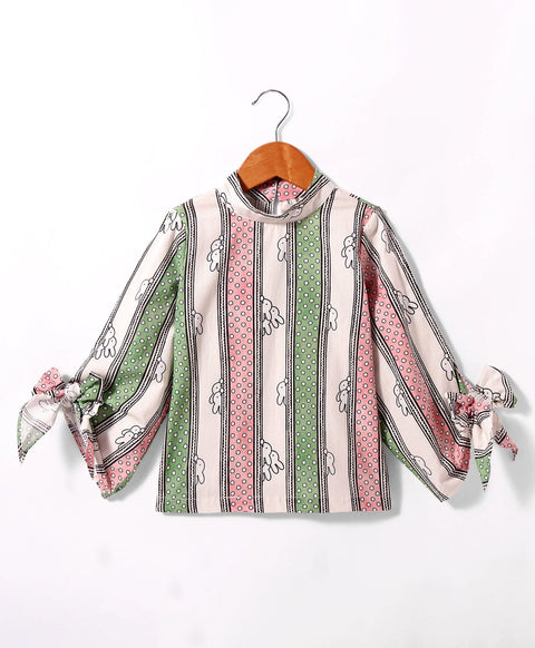 Pre-Order: Stripe & bunny print full Sleeves top with high neck & tie up at sleeve ends-Multi Colour
