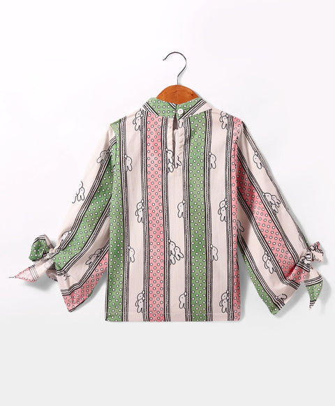 Pre-Order: Stripe & bunny print full Sleeves top with high neck & tie up at sleeve ends-Multi Colour