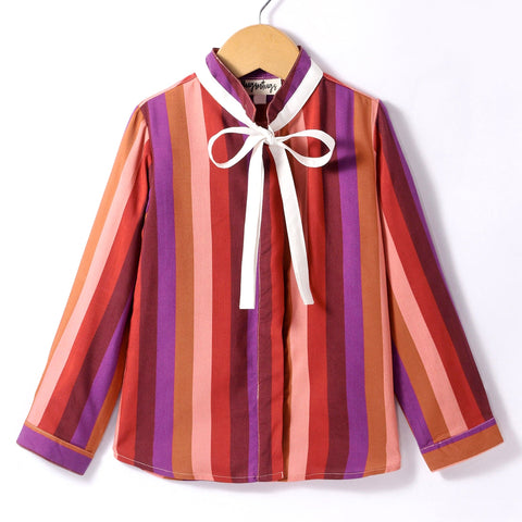 Pre-Order: Multi stripe print full sleeves top with contrast tie up at neck-Multi Colour