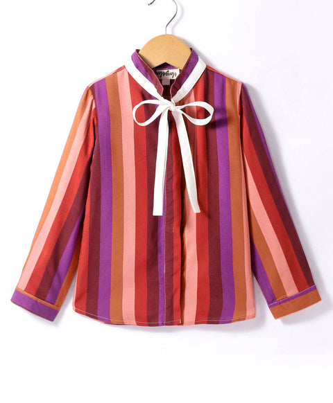 Pre-Order: Multi stripe print full sleeves top with contrast tie up at neck-Multi Colour