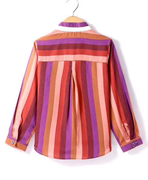 Pre-Order: Multi stripe print full sleeves top with contrast tie up at neck-Multi Colour