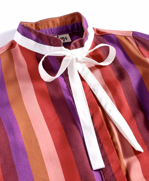 Pre-Order: Multi stripe print full sleeves top with contrast tie up at neck-Multi Colour
