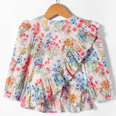 Pre-Order:Floral print full sleeves top with round neck and frill across front-White