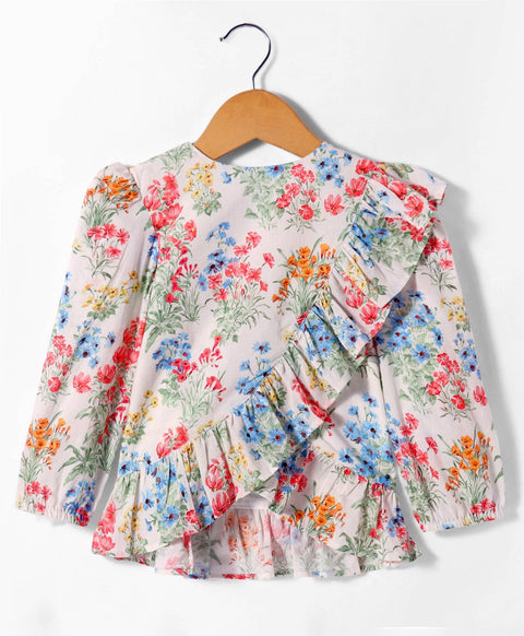 Pre-Order:Floral print full sleeves top with round neck and frill across front-White