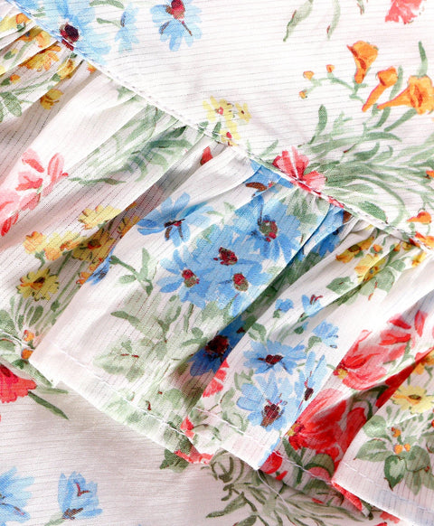 Pre-Order:Floral print full sleeves top with round neck and frill across front-White