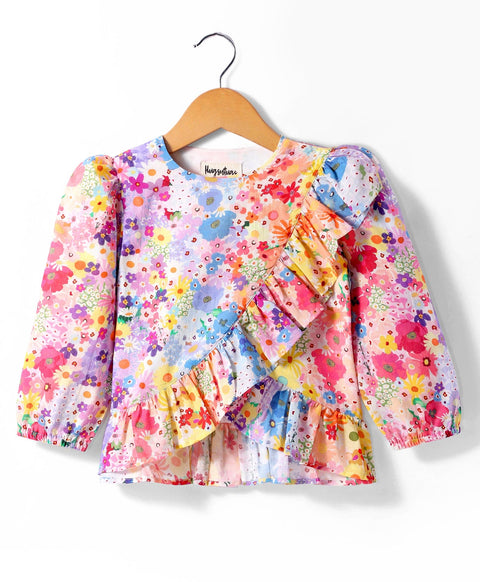 Pre-Order: Multi Floral print full sleeves top with round neck and frill across front- Multi Colour