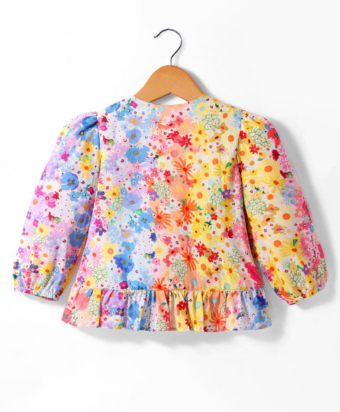 Pre-Order: Multi Floral print full sleeves top with round neck and frill across front- Multi Colour