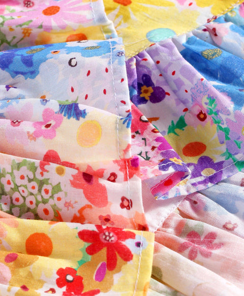 Pre-Order: Multi Floral print full sleeves top with round neck and frill across front- Multi Colour