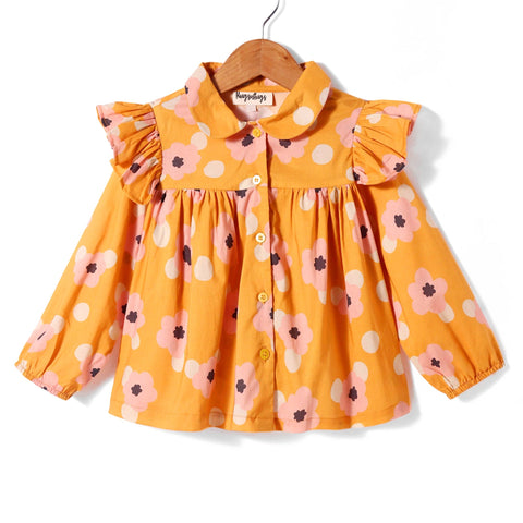 Pre-Order: Floral print full Sleeves top with peterpan collar and frills at shoulder-Orange