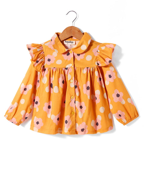 Pre-Order: Floral print full Sleeves top with peterpan collar and frills at shoulder-Orange