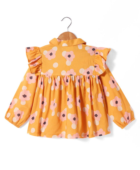 Pre-Order: Floral print full Sleeves top with peterpan collar and frills at shoulder-Orange