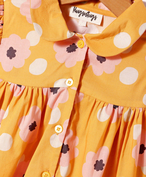 Pre-Order: Floral print full Sleeves top with peterpan collar and frills at shoulder-Orange