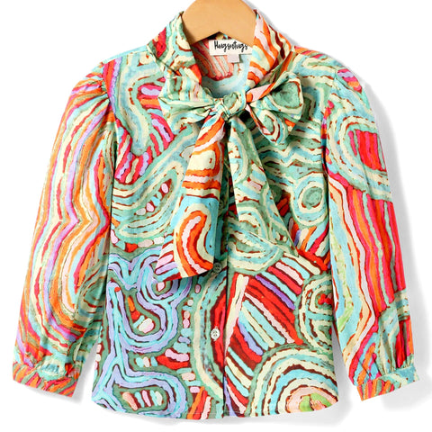 Pre-Order: Abstract print full sleeves top with tie up at neck-Red