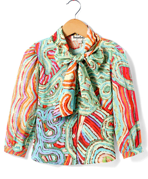 Pre-Order: Abstract print full sleeves top with tie up at neck-Red