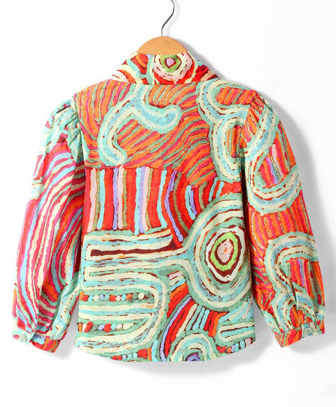 Pre-Order: Abstract print full sleeves top with tie up at neck-Red