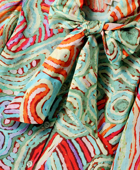 Pre-Order: Abstract print full sleeves top with tie up at neck-Red