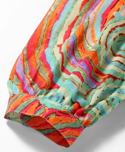 Pre-Order: Abstract print full sleeves top with tie up at neck-Red