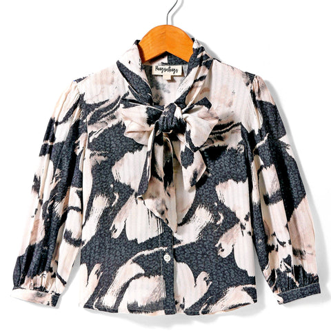 Pre-Order: Abstract print full sleeves top with tie up at centre neck-Black