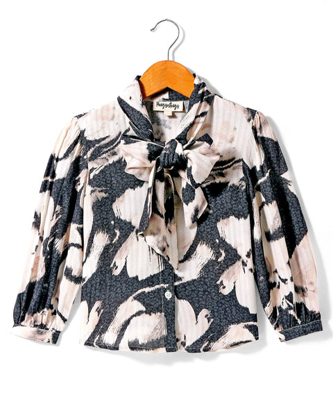 Pre-Order: Abstract print full sleeves top with tie up at centre neck-Black