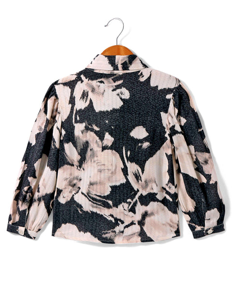 Pre-Order: Abstract print full sleeves top with tie up at centre neck-Black