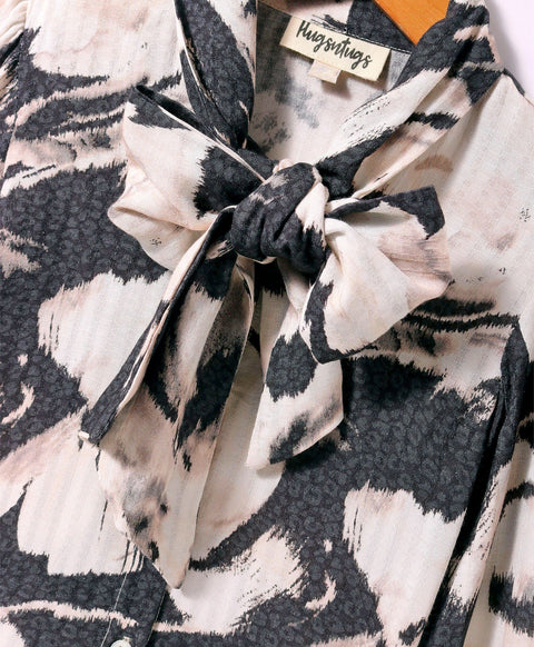 Pre-Order: Abstract print full sleeves top with tie up at centre neck-Black