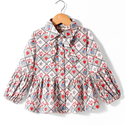 Pre-Order: Red heart and start print full sleeves top tie up at neck-Muli Colour