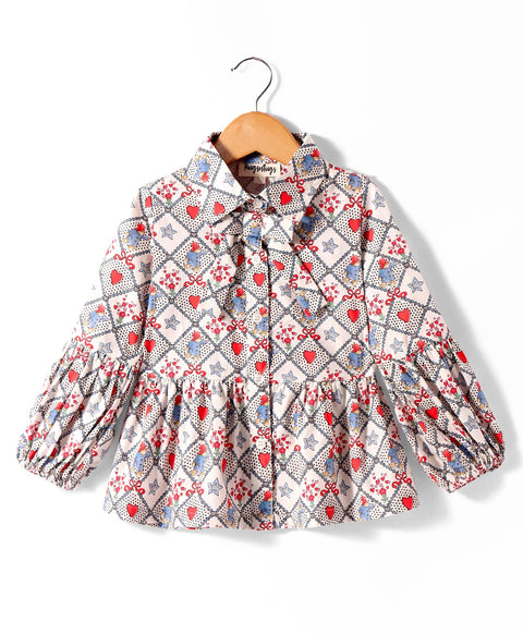 Pre-Order: Red heart and start print full sleeves top tie up at neck-Muli Colour