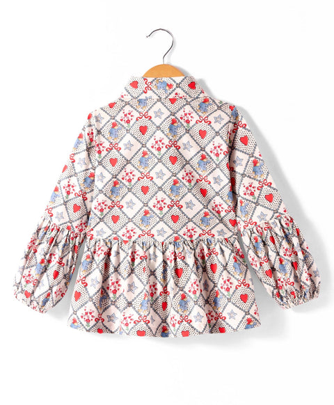 Pre-Order: Red heart and start print full sleeves top tie up at neck-Muli Colour