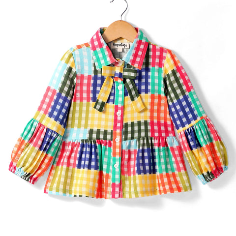 Pre-Order: Multi check print full sleeves top with tie up at neck-Multi Colour
