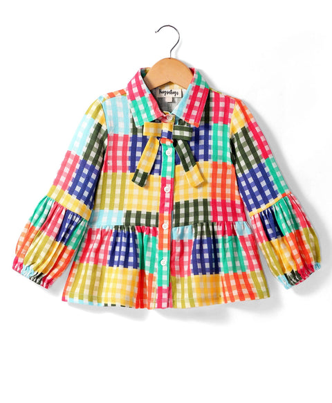 Pre-Order: Multi check print full sleeves top with tie up at neck-Multi Colour