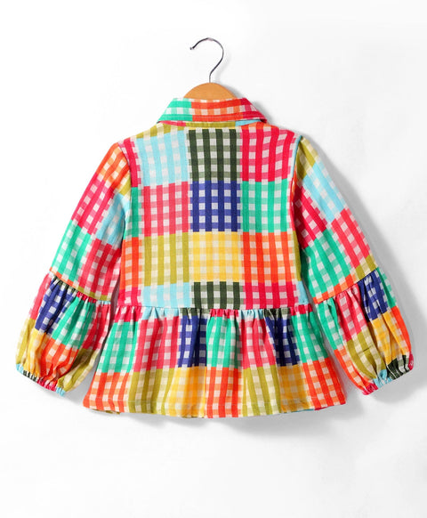 Pre-Order: Multi check print full sleeves top with tie up at neck-Multi Colour