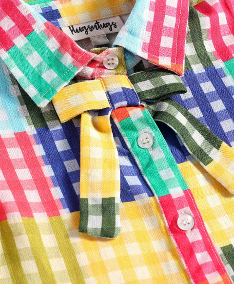 Pre-Order: Multi check print full sleeves top with tie up at neck-Multi Colour