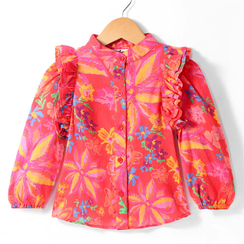 Pre-Order: Big flower print top with frills along the armhole-Red