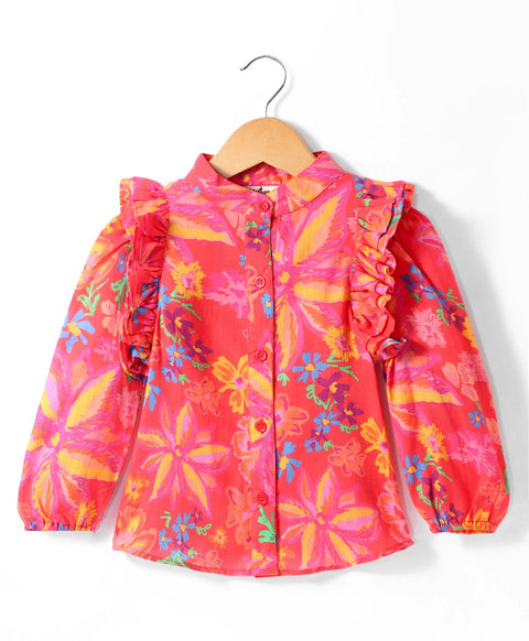 Pre-Order: Big flower print top with frills along the armhole-Red